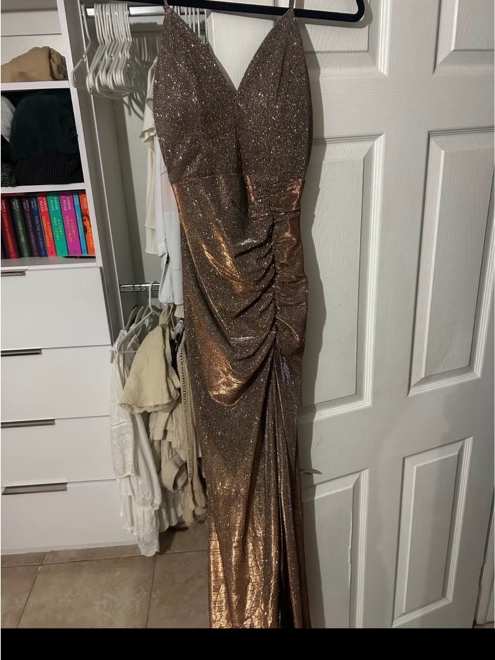 Emerald Sundae Metallic Bronze Ruched V-Neck Maxi Dress